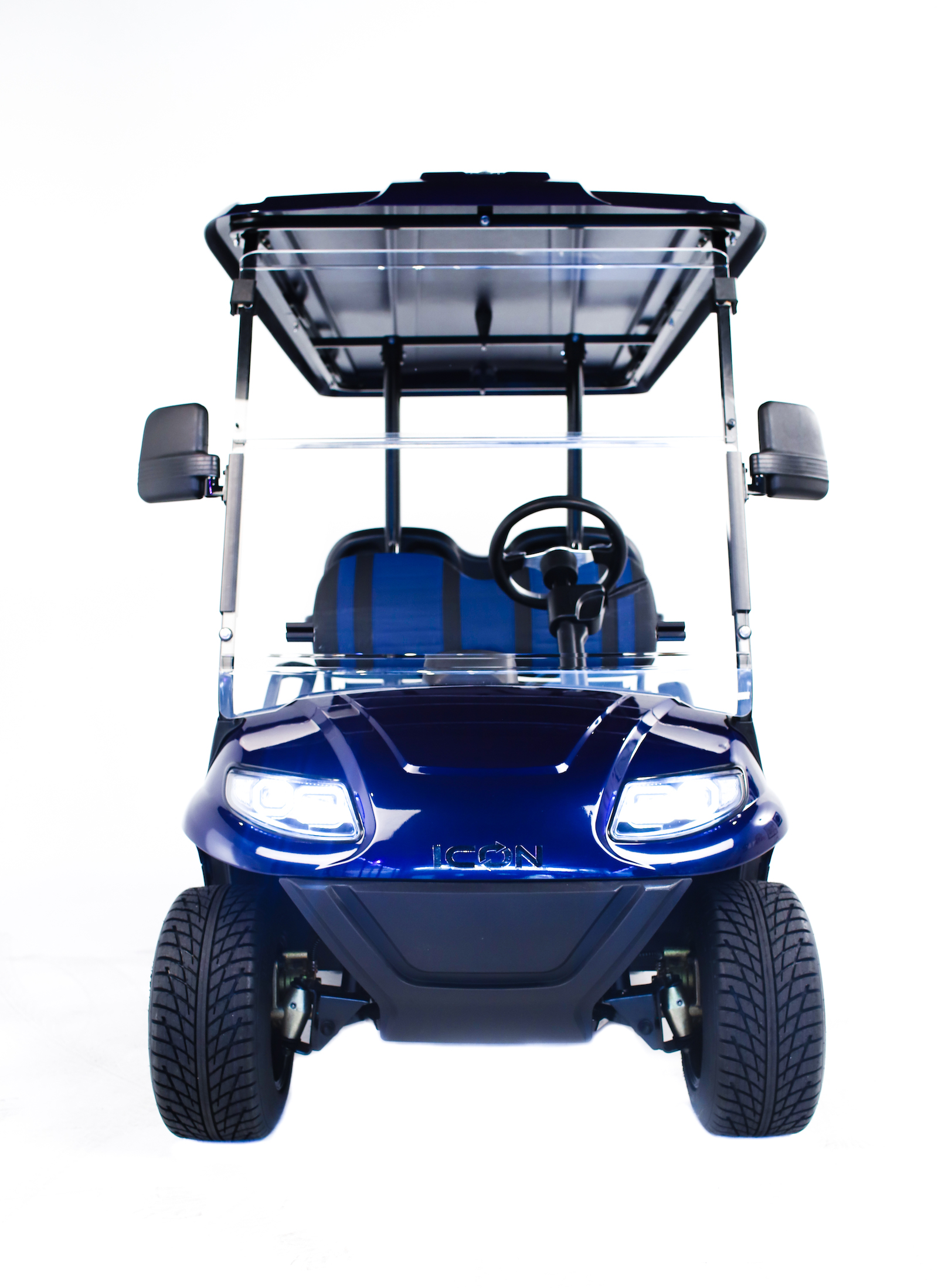 front of blue golf cart