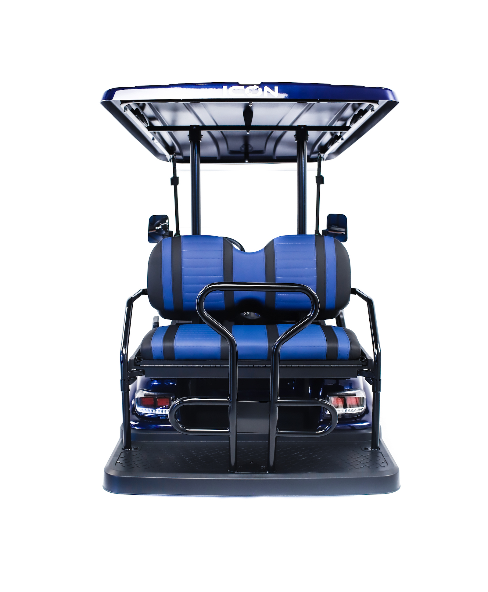 back of blue golf cart