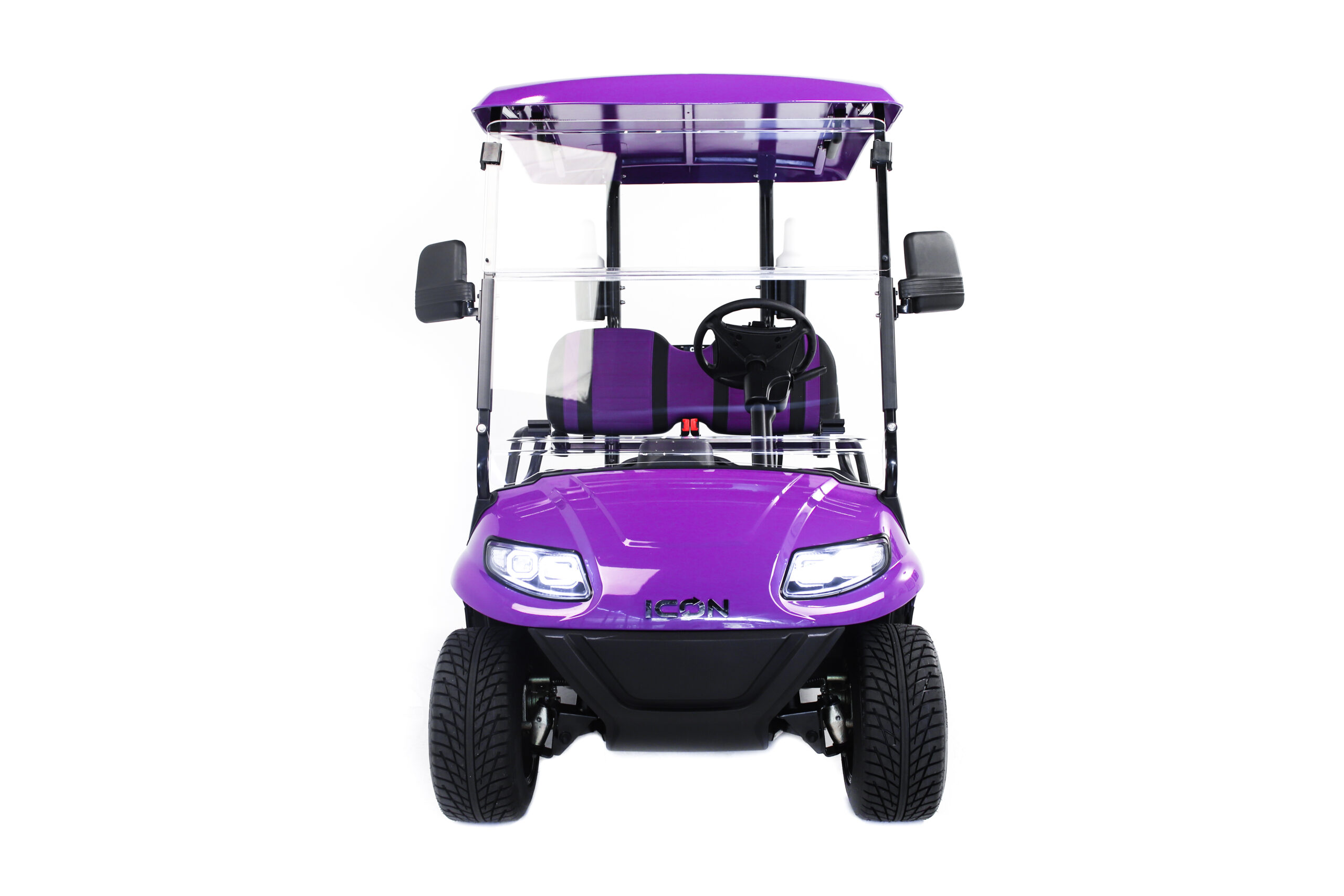 front of purple golf cart