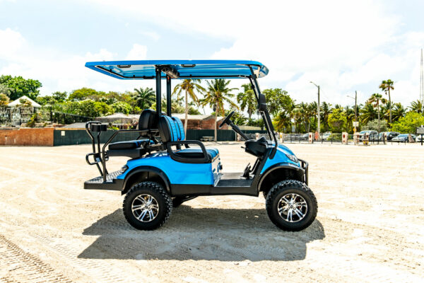 side of blue golf cart
