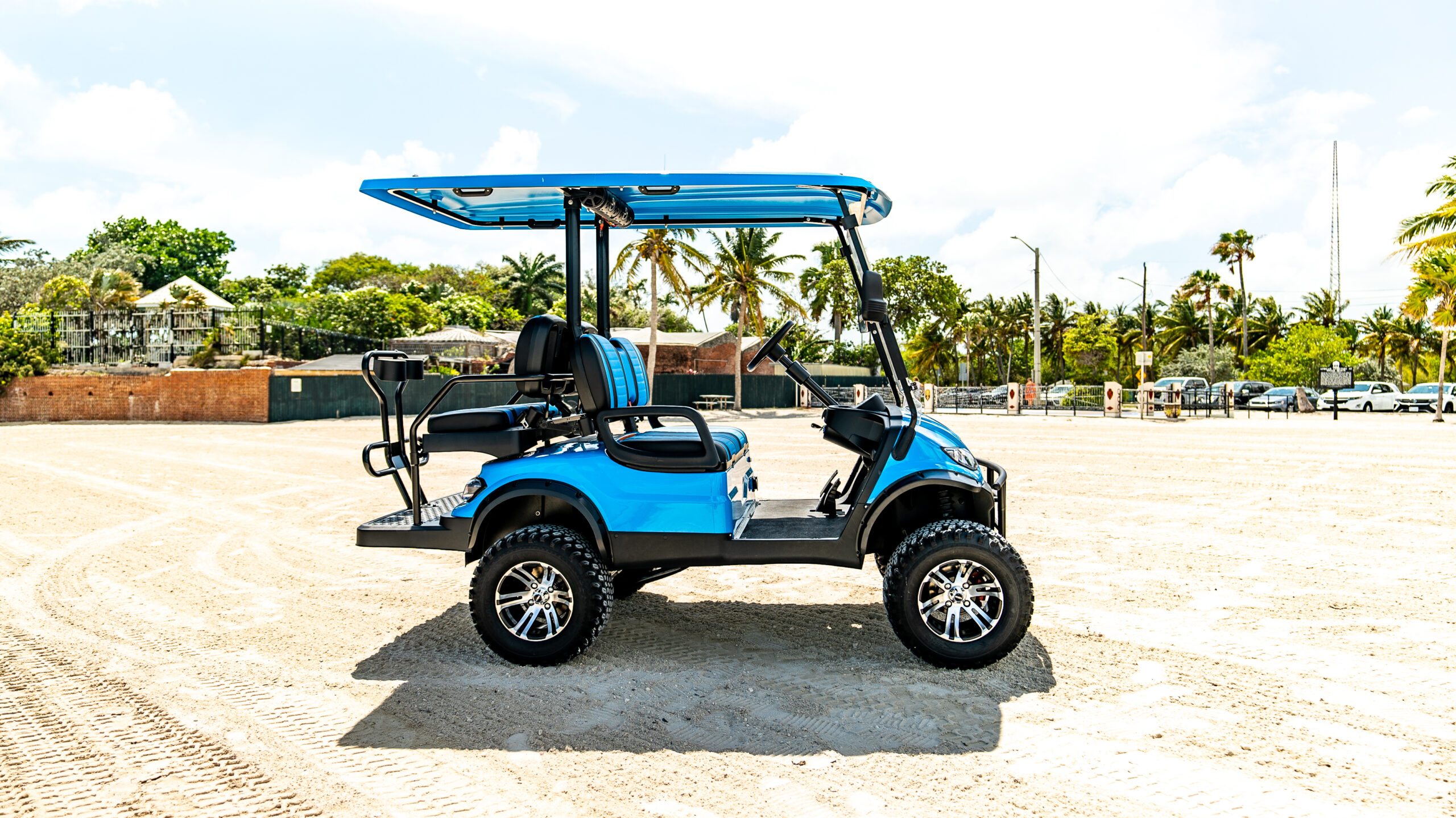 side of blue golf cart