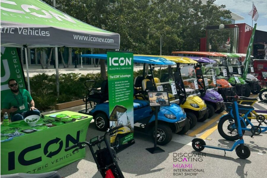 ICON EV golf carts and ebikes lined up for display